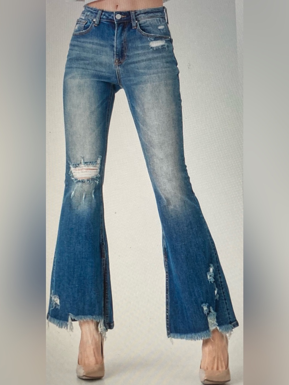 Risen Distressed Split Hem Flare Jeans - Blue